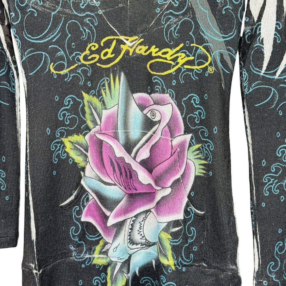 Ed Hardy Shark Rose Tattoo Graphic Tunic Hoodie Medium Vtg Y2K Long Sleeve USA - Picture 3 of 11